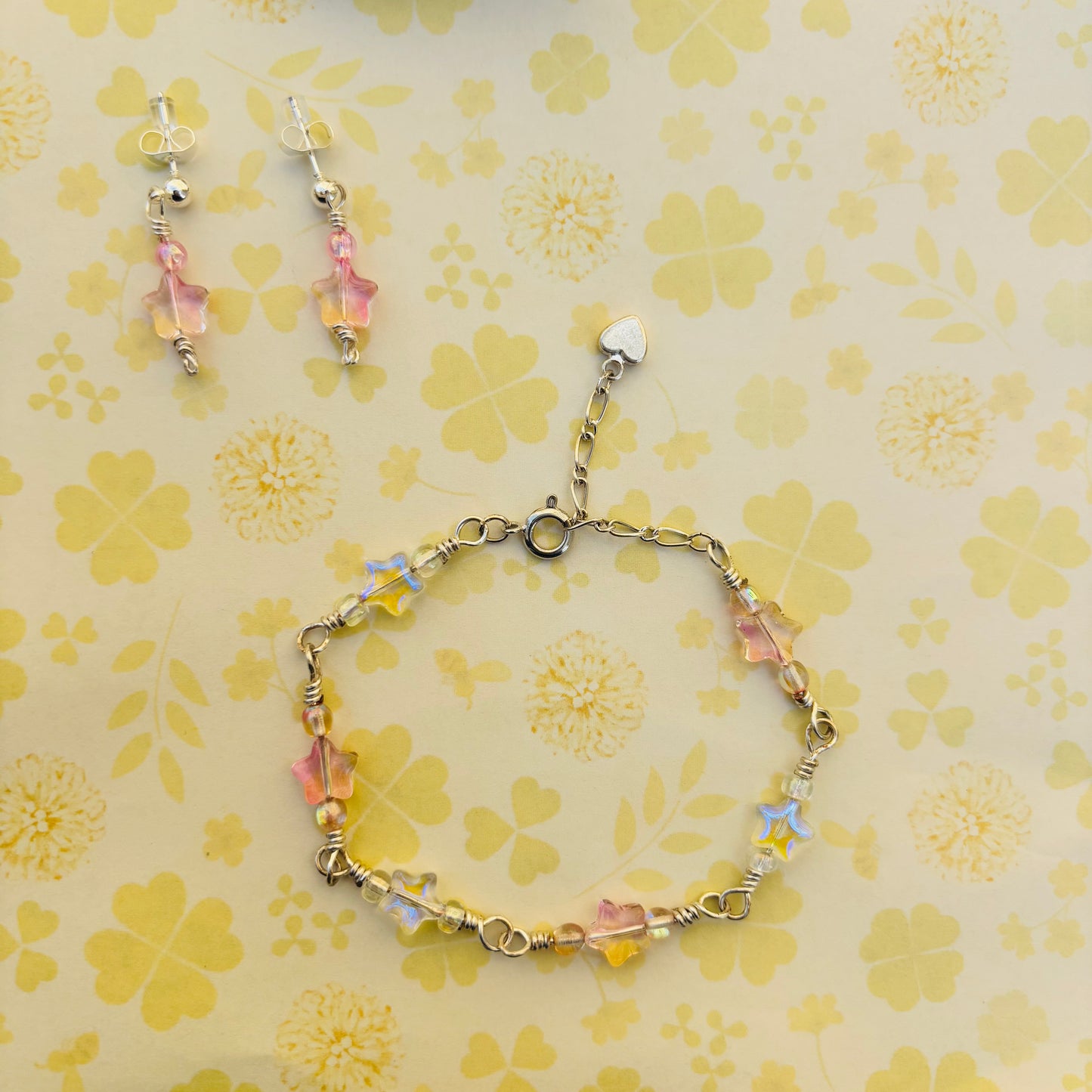 Pink and Clear Star Bracelet & Earrings